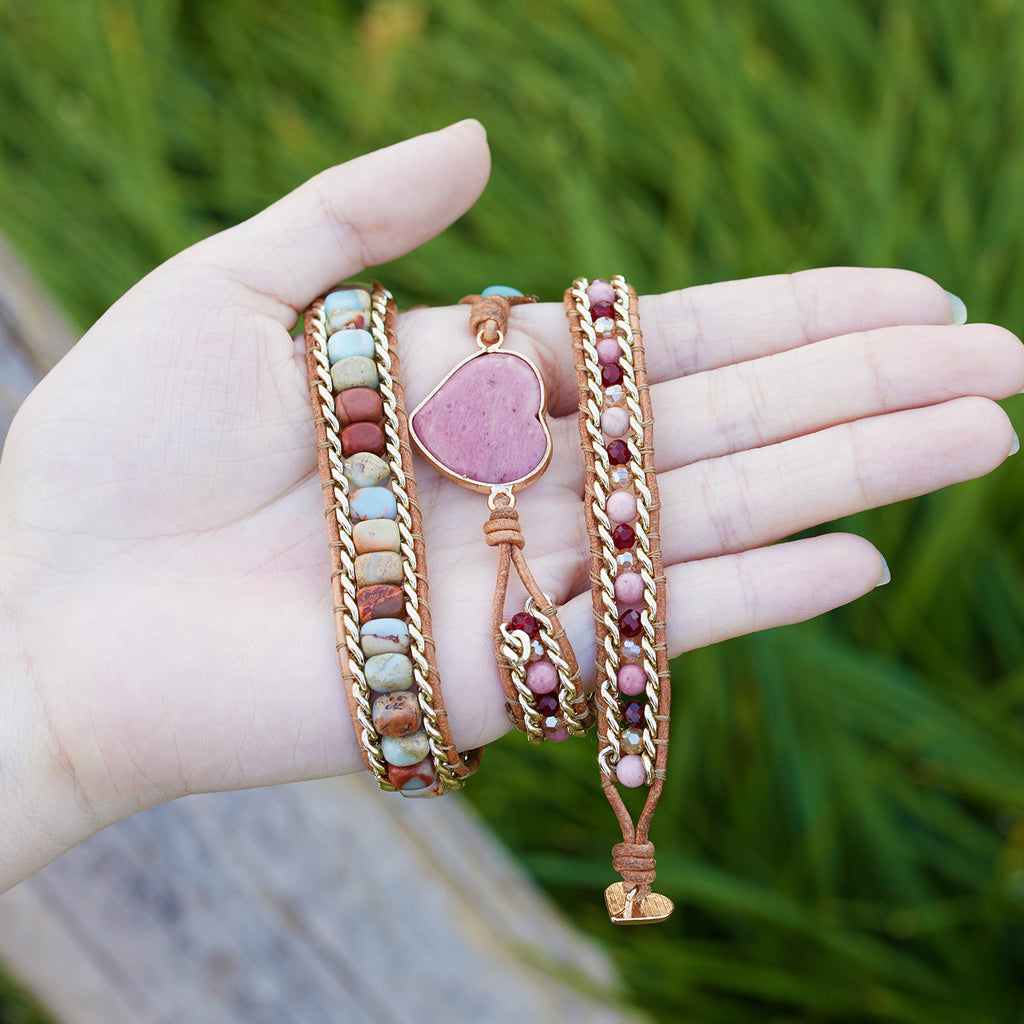 Natural Stone Ethnic Love Leather Colorful Stone Beaded Bracelet Natural Stone Crystal 3 Layer Winding Bracelet