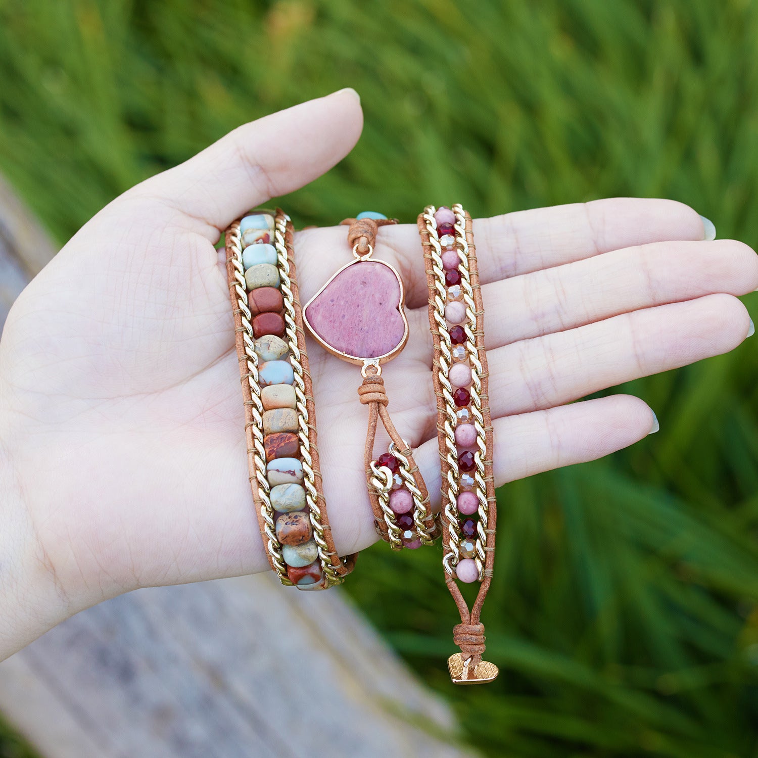 Natural Stone Ethnic Love Leather Colorful Stone Beaded Bracelet Natural Stone Crystal 3 Layer Winding Bracelet