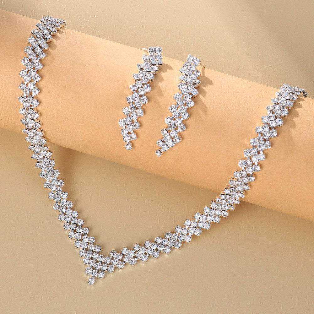 Rhinestone Jewelry Simple Diamond Rhinestone Necklace Earrings Set Bridal Wedding Dress Light Luxury Jewelry Set