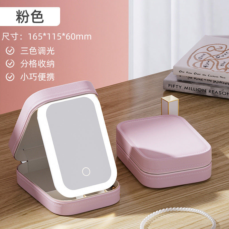 Large capacity LED light small cosmetic mirror travel ins style high-looking portable cosmetic brush dust-proof storage box mirror