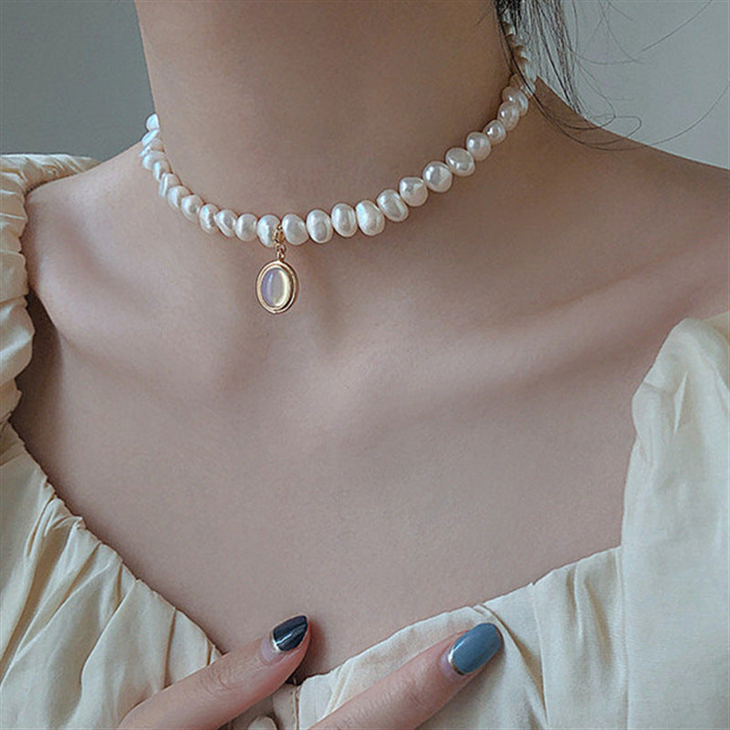 Natural Freshwater Pearl French ins baroque short chain opal crystal pendant Korean drama same necklace clavicle chain female