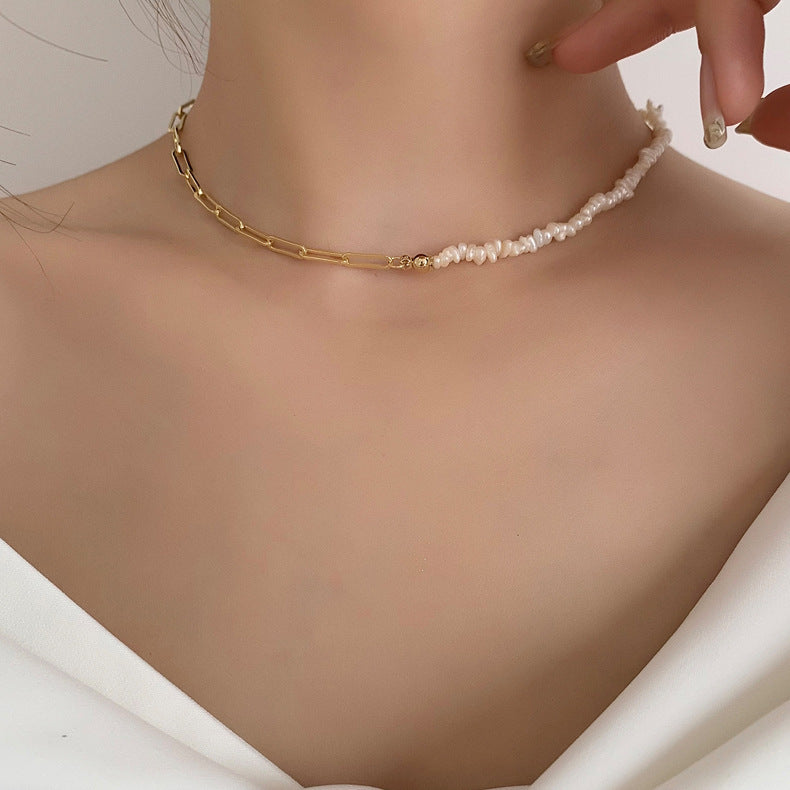 Natural Pearl Light luxury niche design sense chain splicing necklace collarbone chain simple cold wind freshwater pearl necklace