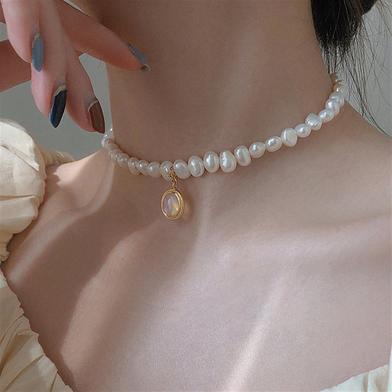 Natural Freshwater Pearl French ins baroque short chain opal crystal pendant Korean drama same necklace clavicle chain female