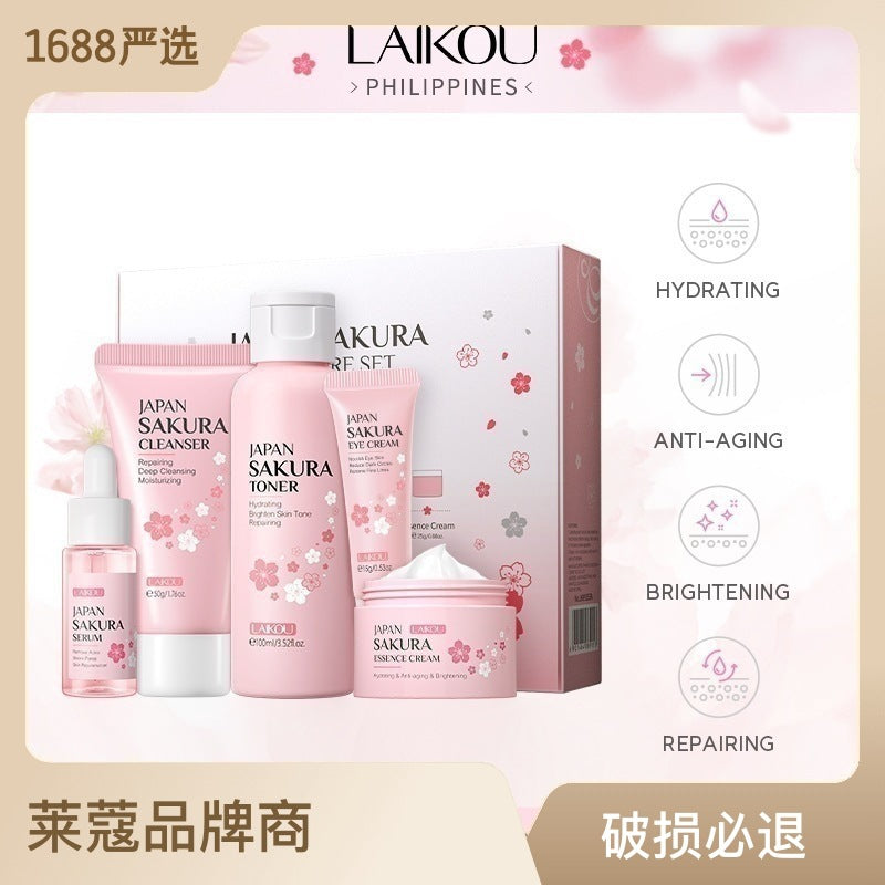 Natural Facial Cream Cherry Blossom Skin Care Gift Box 5-Piece Set Essence Cream Brightening Water Facial Cleanser Moisturizing and Hydrating