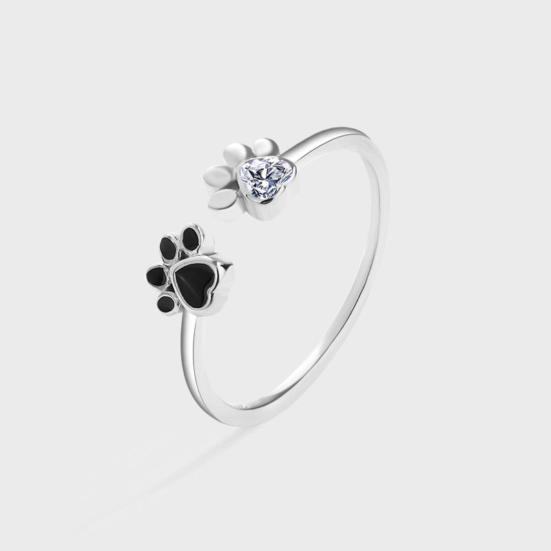 S925 sterling silver ring cute pet paw print S925 open ring fashionable black oil drip ring bracelet