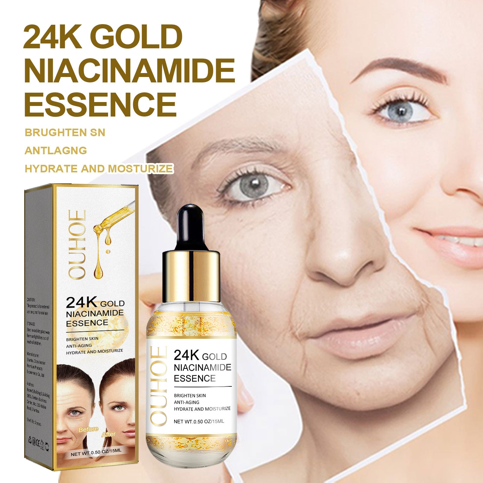Facial OUHOE 24K Gold Facial Essence Firms facial skin, fades fine lines around eyes, and moisturizes forehead wrinkles.