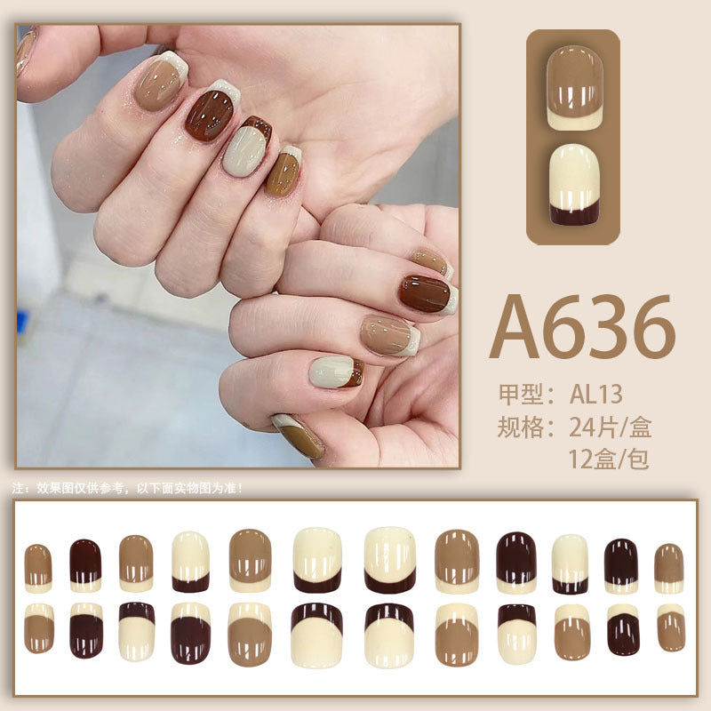 Summer and autumn gentle and simple pure lust style wearable nail patches printed solid color French style removable manicure fake nail patches