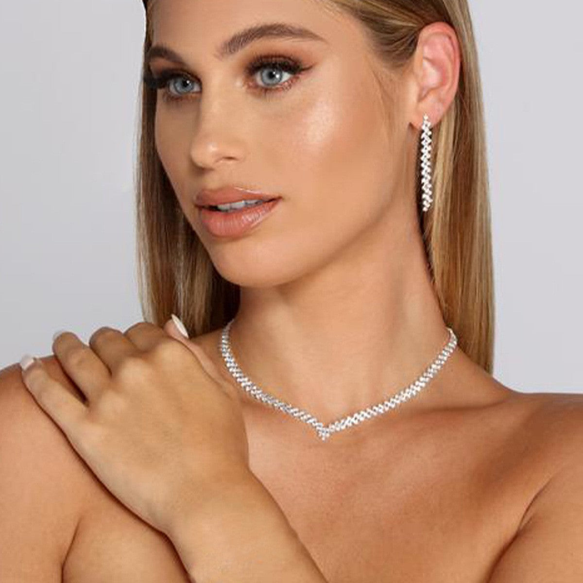 Rhinestone Jewelry Simple Diamond Rhinestone Necklace Earrings Set Bridal Wedding Dress Light Luxury Jewelry Set