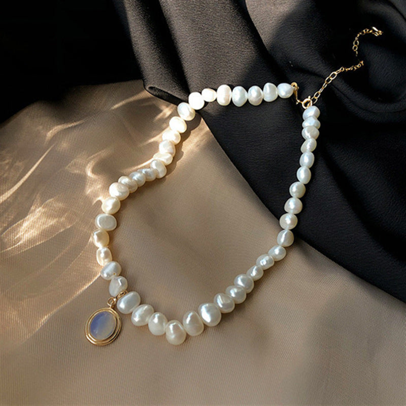 Natural Freshwater Pearl French ins baroque short chain opal crystal pendant Korean drama same necklace clavicle chain female