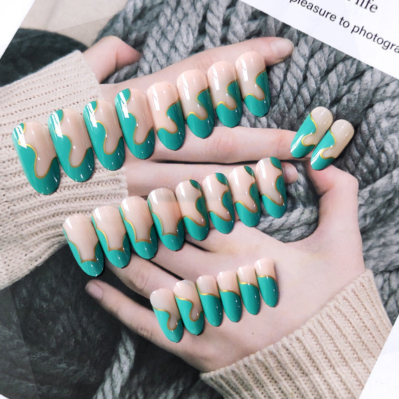 Nail long round false nail patch, mint green gold thread wave splicing wearable nail products