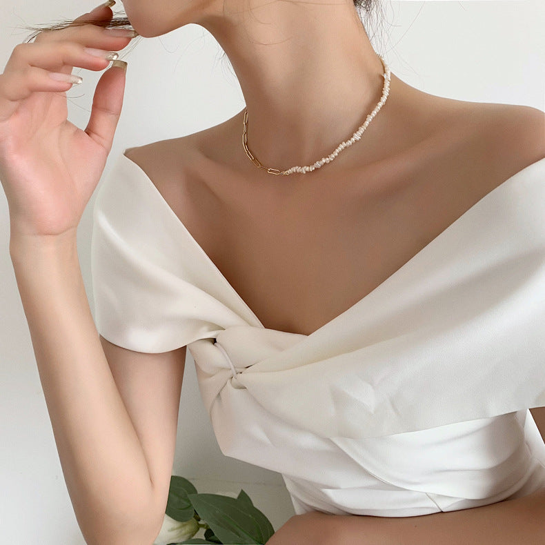 Natural Pearl Light luxury niche design sense chain splicing necklace collarbone chain simple cold wind freshwater pearl necklace