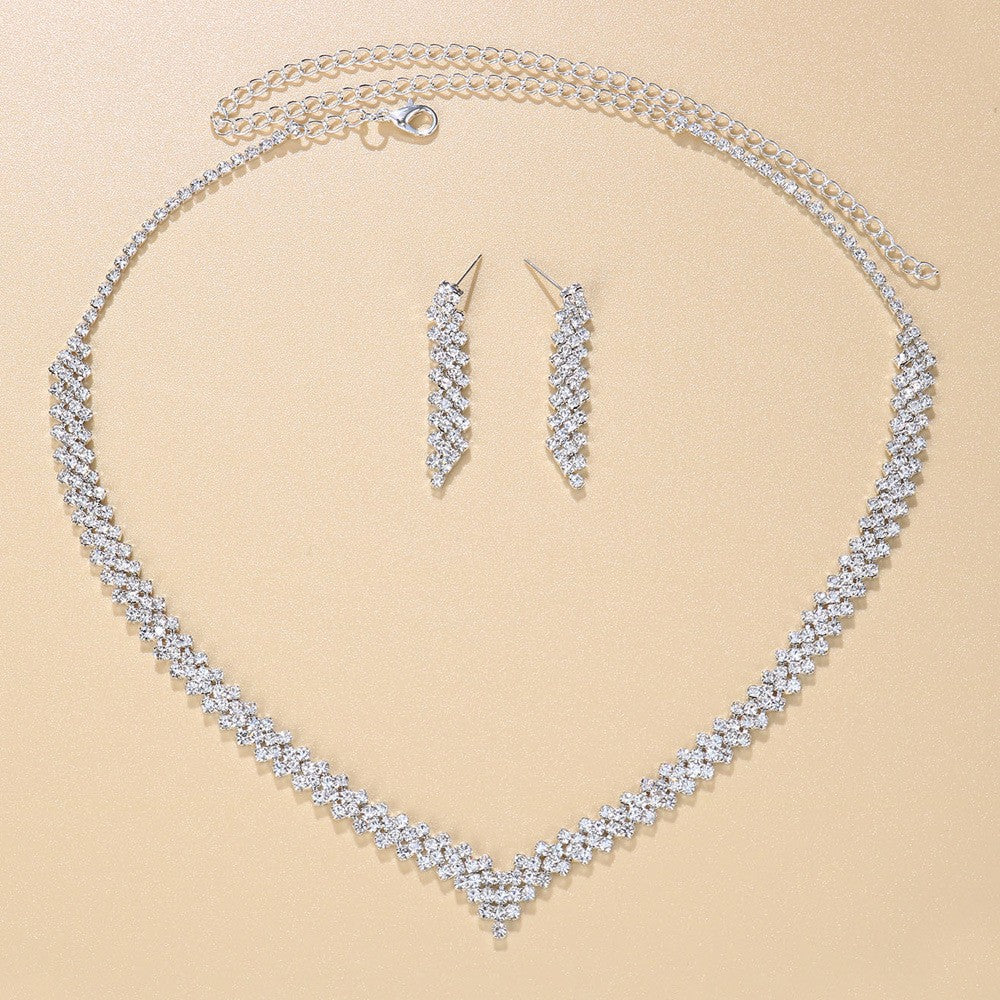 Rhinestone Jewelry Simple Diamond Rhinestone Necklace Earrings Set Bridal Wedding Dress Light Luxury Jewelry Set