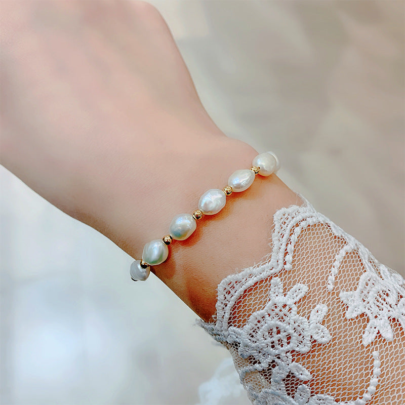 Freshwater pearl simple bracelet female pull niche design ins titanium steel chain bracelet jewelry 14k color