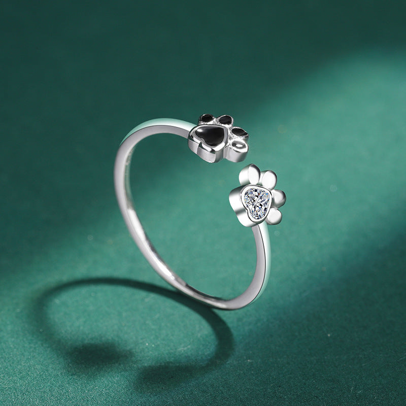 S925 sterling silver ring cute pet paw print S925 open ring fashionable black oil drip ring bracelet