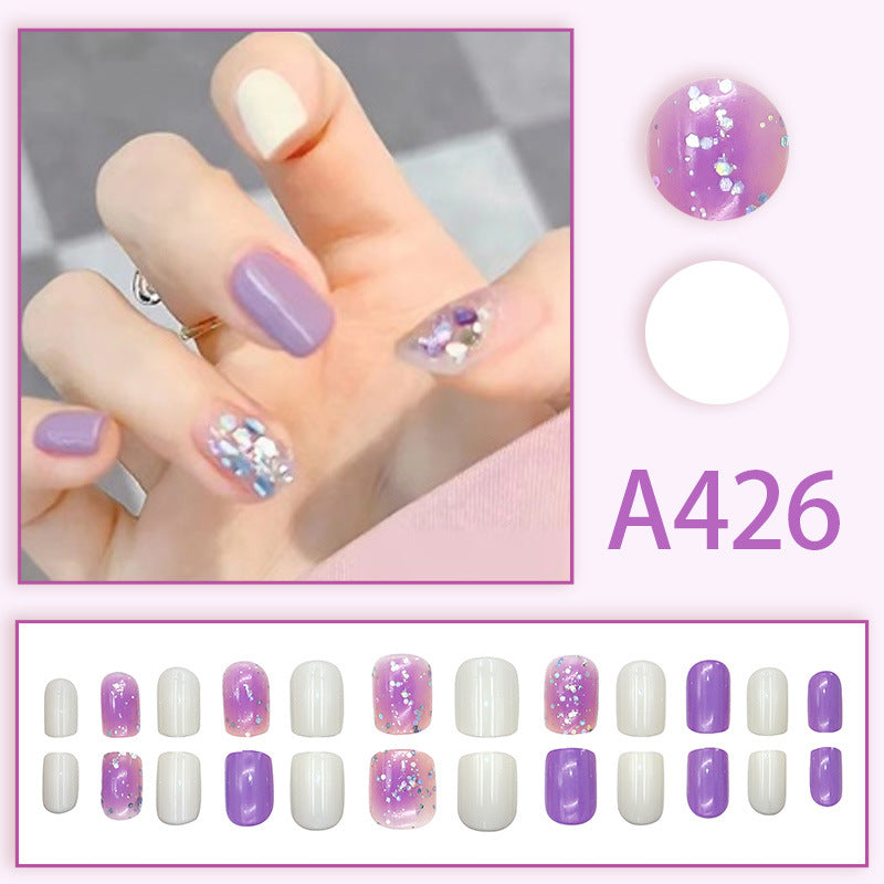 Wearable manicure nail pieces blooming French ins Aurora removable fake nails bow frosted ice transparent small clear