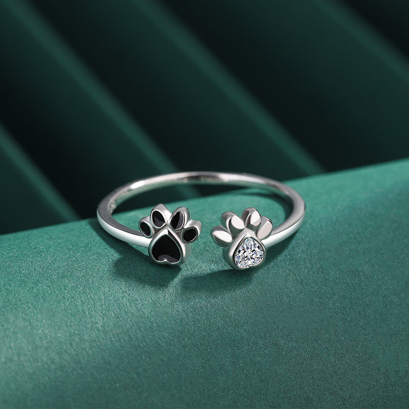 S925 sterling silver ring cute pet paw print S925 open ring fashionable black oil drip ring bracelet