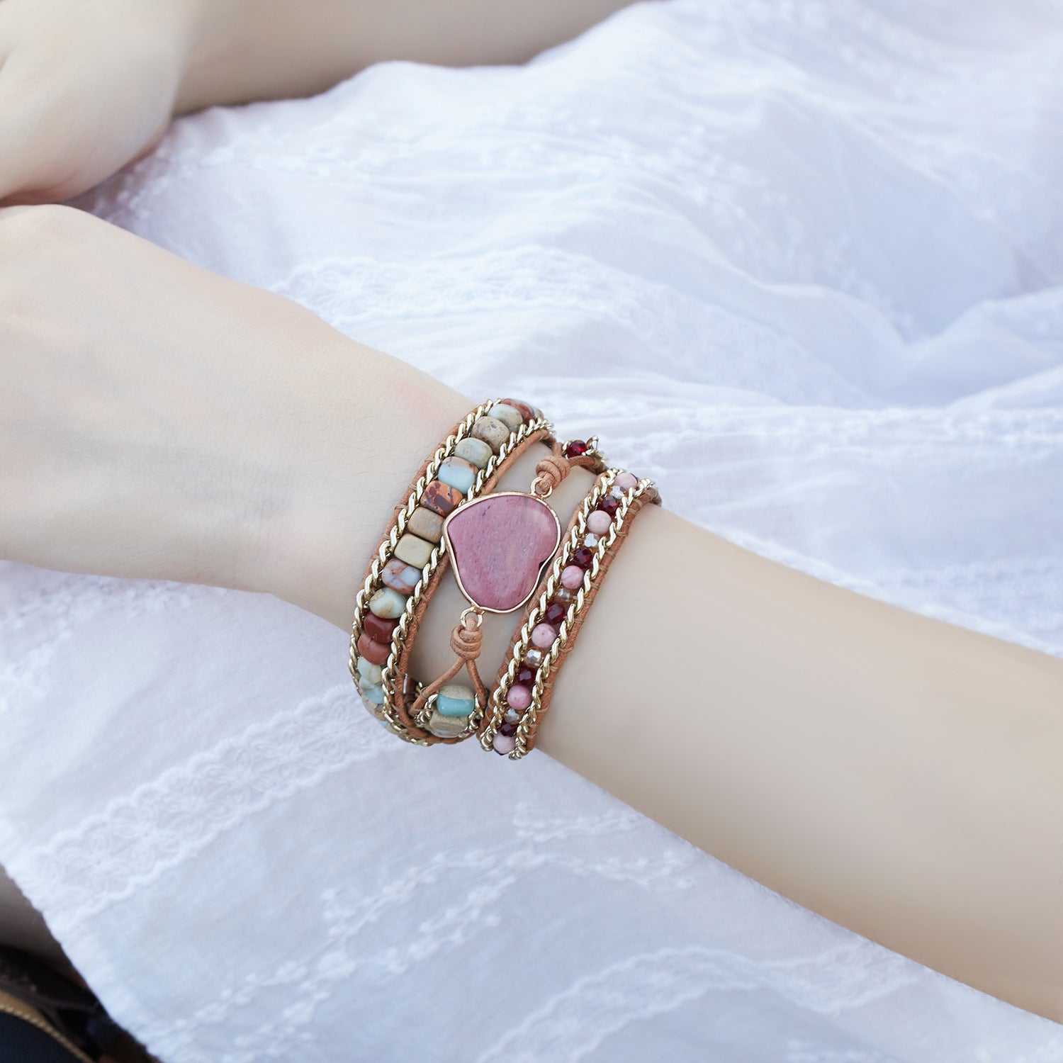 Natural Stone Ethnic Love Leather Colorful Stone Beaded Bracelet Natural Stone Crystal 3 Layer Winding Bracelet