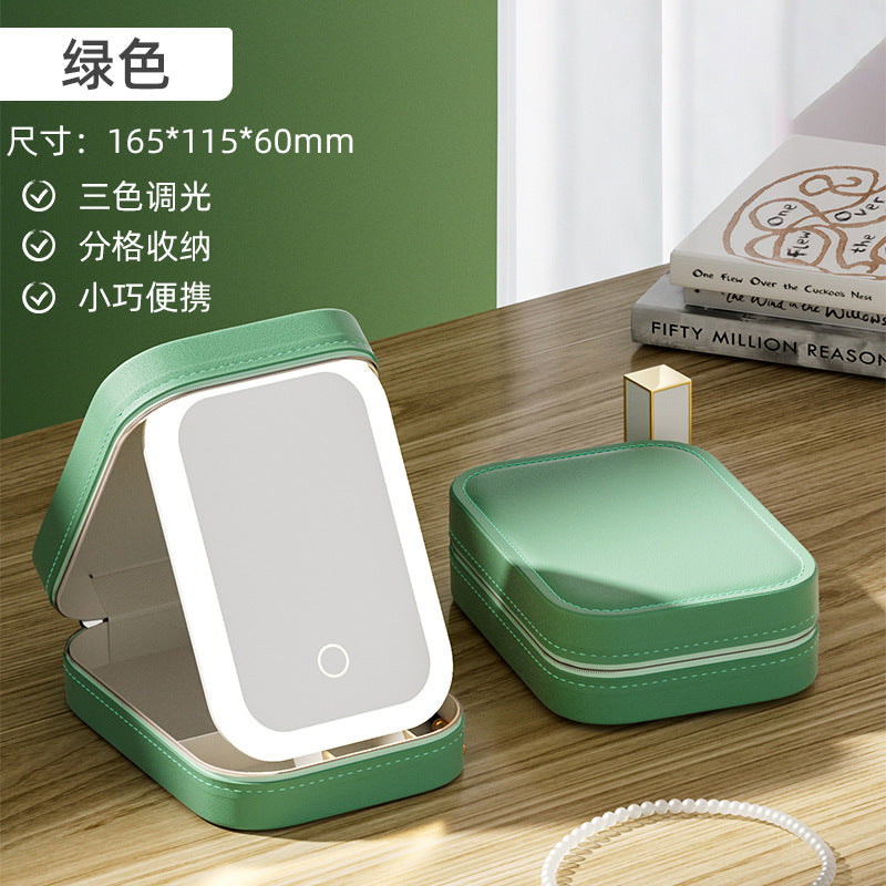 Large capacity LED light small cosmetic mirror travel ins style high-looking portable cosmetic brush dust-proof storage box mirror