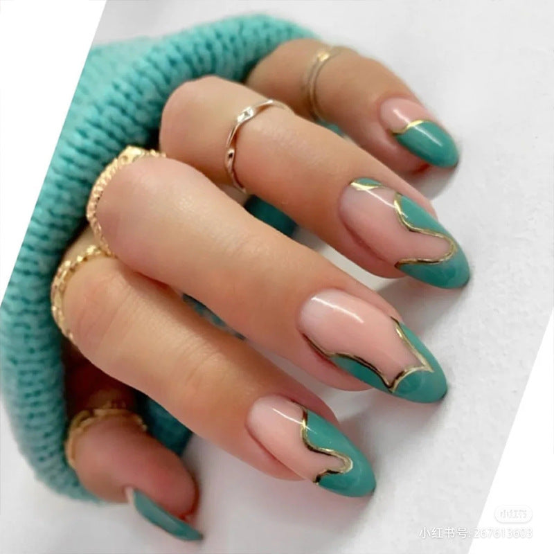 Nail long round false nail patch, mint green gold thread wave splicing wearable nail products