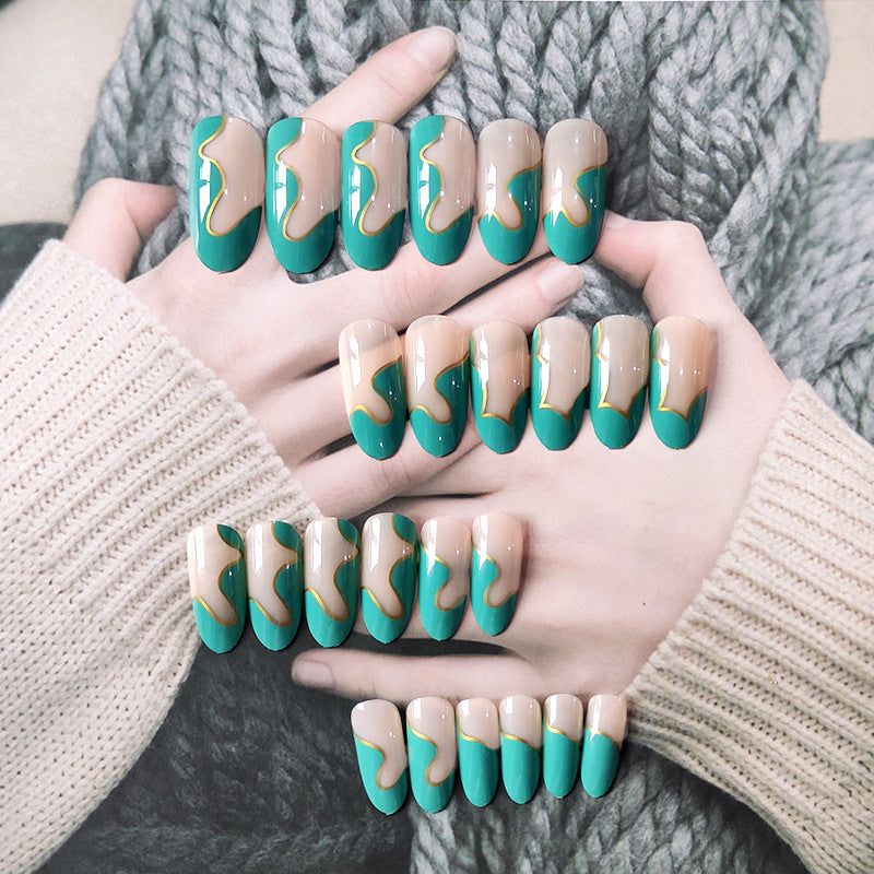 Nail long round false nail patch, mint green gold thread wave splicing wearable nail products