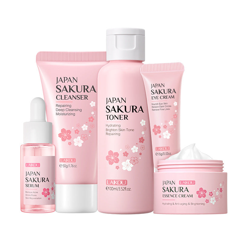 Natural Facial Cream Cherry Blossom Skin Care Gift Box 5-Piece Set Essence Cream Brightening Water Facial Cleanser Moisturizing and Hydrating