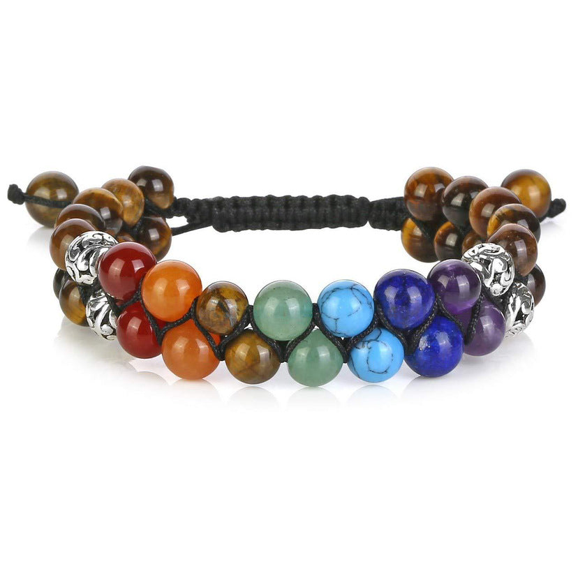 Natural Stone Volcanic Lava Stone Double Row Bracelet Colorful Lava Stone Woven Adjustable Double Layer Bracelet