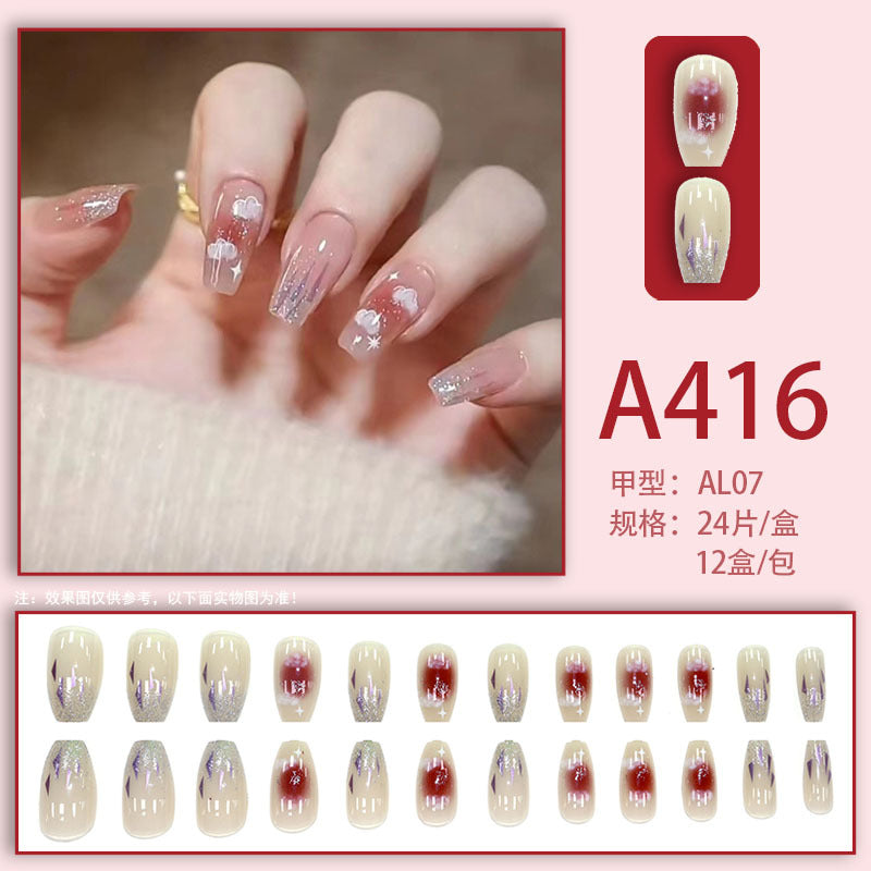 Wearable manicure nail pieces blooming French ins Aurora removable fake nails bow frosted ice transparent small clear