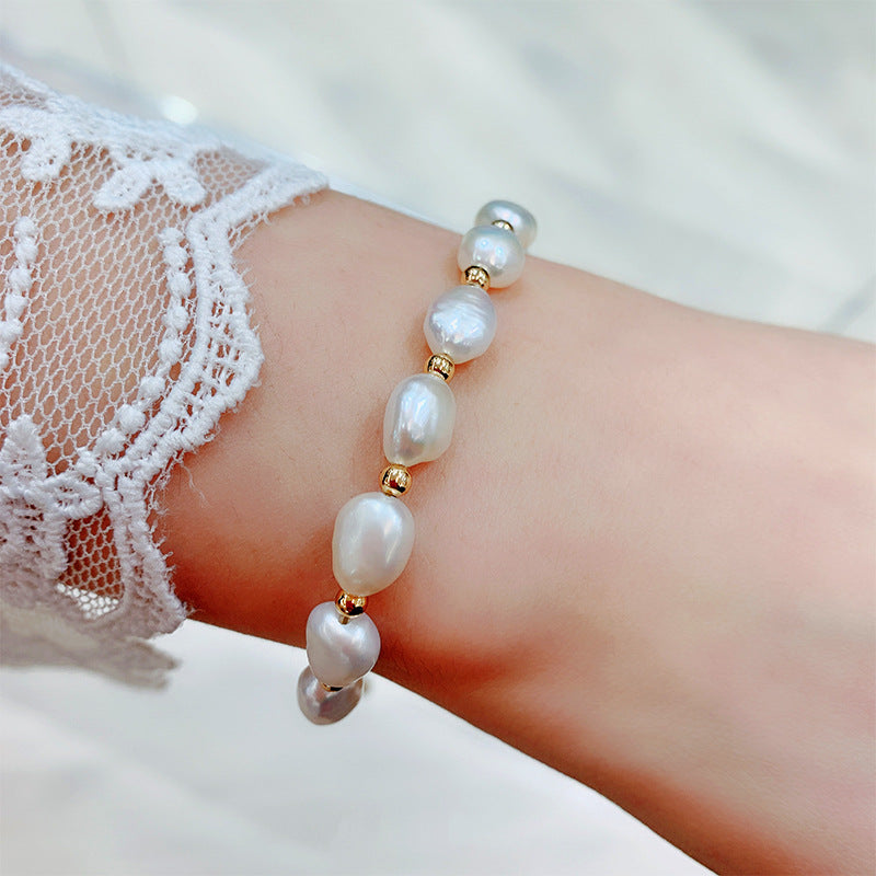 Freshwater pearl simple bracelet female pull niche design ins titanium steel chain bracelet jewelry 14k color
