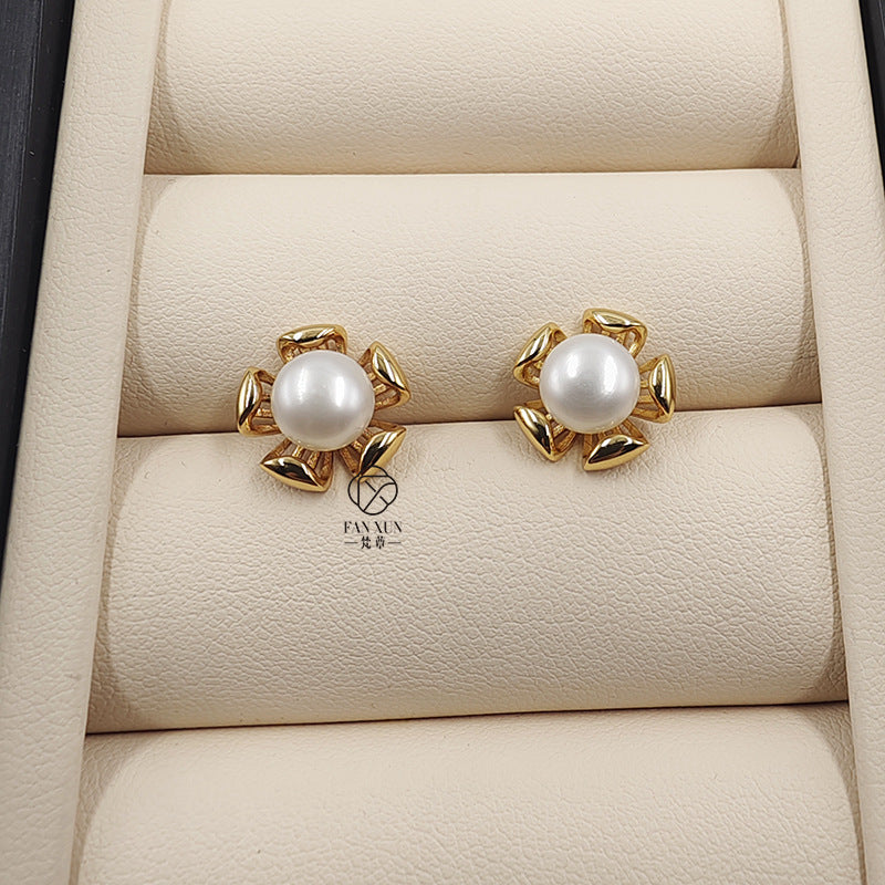 Natural Freshwater Ins simple white pearl earrings female Korean version niche design five-petal flower spring earrings