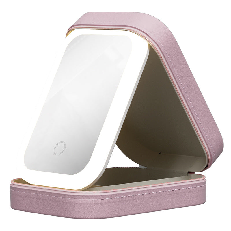 Large capacity LED light small cosmetic mirror travel ins style high-looking portable cosmetic brush dust-proof storage box mirror