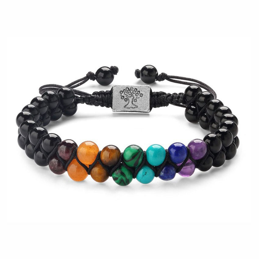Natural Stone Volcanic Lava Stone Double Row Bracelet Colorful Lava Stone Woven Adjustable Double Layer Bracelet