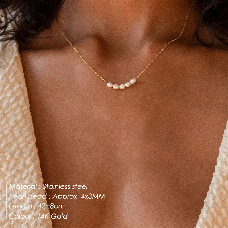 Natural Freshwater Pearl Stainless Steel Necklace Women's Gold Plated Collarbone Necklace Freshwater Pearl Necklace