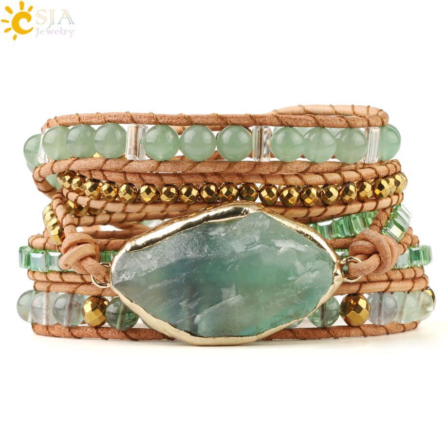Natural Stone Multilayer Bracelet with Green Fluorite and Bohemian Aventurine Beads Unisex Hand Jewelry