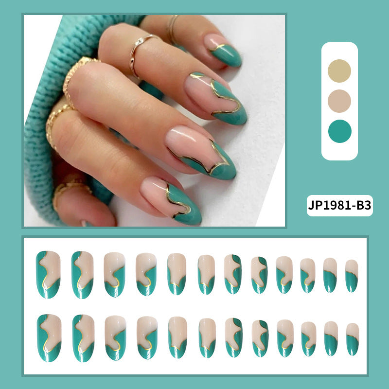Nail long round false nail patch, mint green gold thread wave splicing wearable nail products