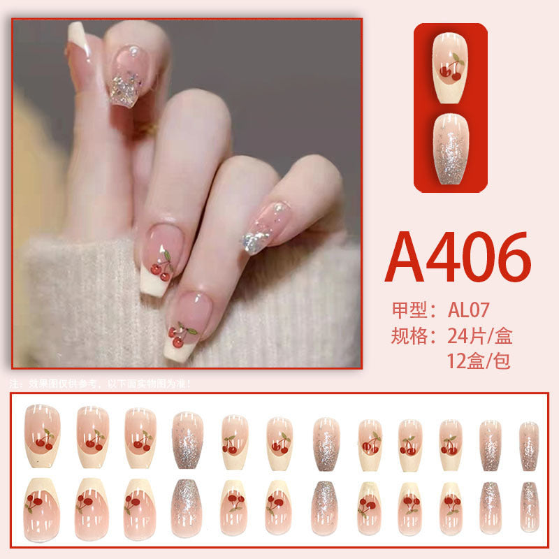 Wearable manicure nail pieces blooming French ins Aurora removable fake nails bow frosted ice transparent small clear