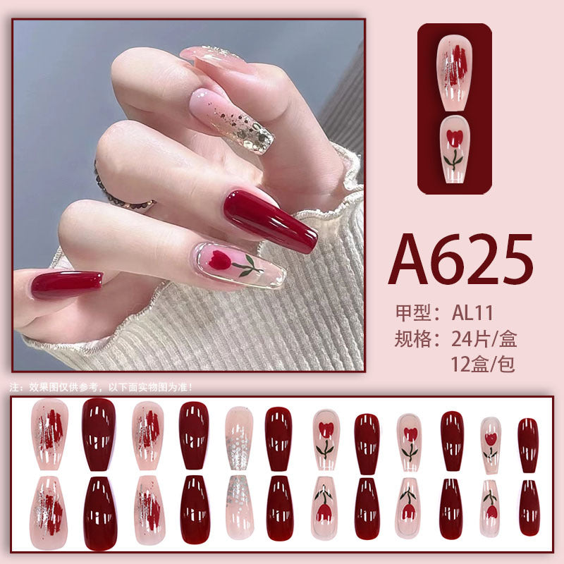 Summer and autumn gentle and simple pure lust style wearable nail patches printed solid color French style removable manicure fake nail patches