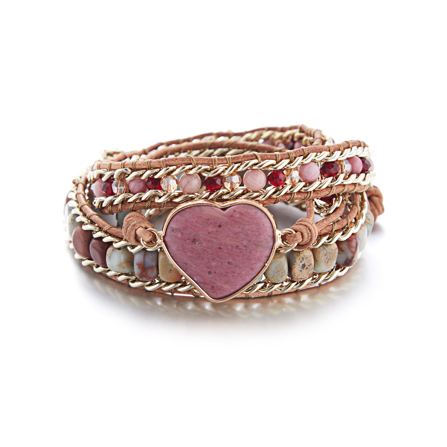 Natural Stone Ethnic Love Leather Colorful Stone Beaded Bracelet Natural Stone Crystal 3 Layer Winding Bracelet