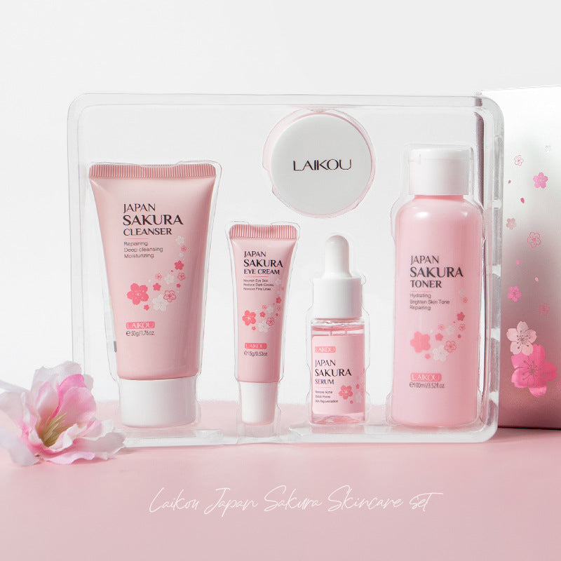 Natural Facial Cream Cherry Blossom Skin Care Gift Box 5-Piece Set Essence Cream Brightening Water Facial Cleanser Moisturizing and Hydrating