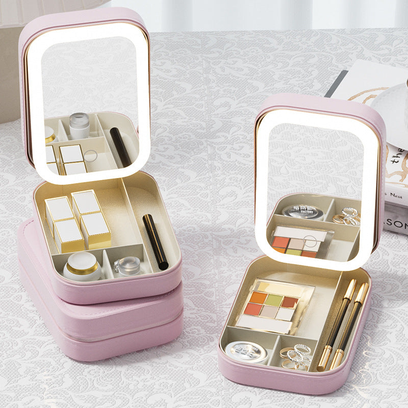 Large capacity LED light small cosmetic mirror travel ins style high-looking portable cosmetic brush dust-proof storage box mirror