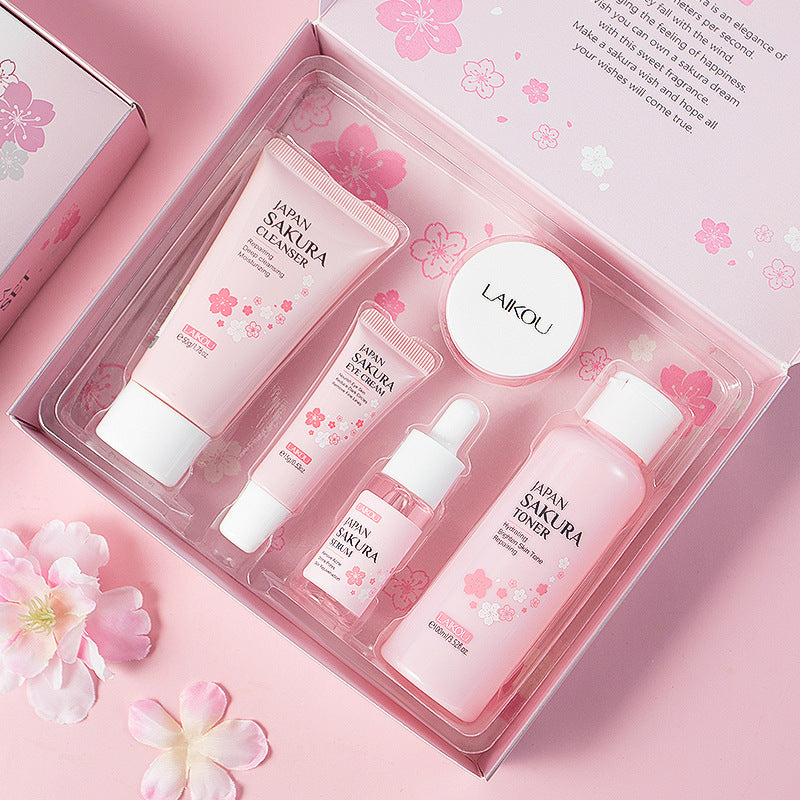 Natural Facial Cream Cherry Blossom Skin Care Gift Box 5-Piece Set Essence Cream Brightening Water Facial Cleanser Moisturizing and Hydrating