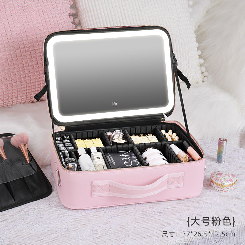 Large-capacity cosmetic bag with light full-screen mirror hand-held portable travel cosmetic storage bag storage box