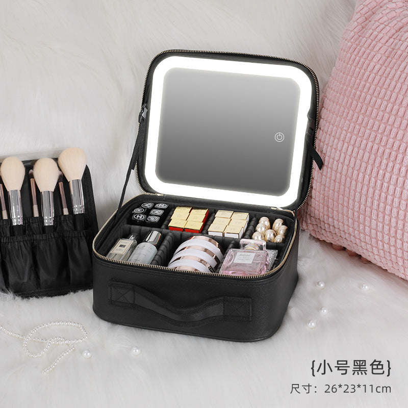Large-capacity cosmetic bag with light full-screen mirror hand-held portable travel cosmetic storage bag storage box