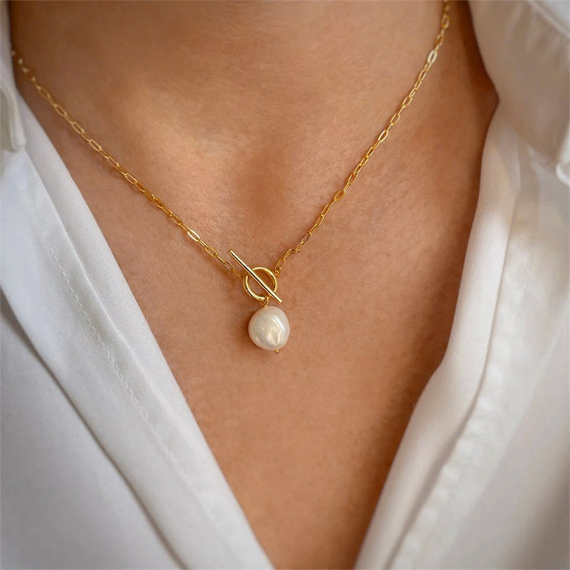 Natural baroque freshwater pearl necklace stainless steel necklace square chain necklace jewelry