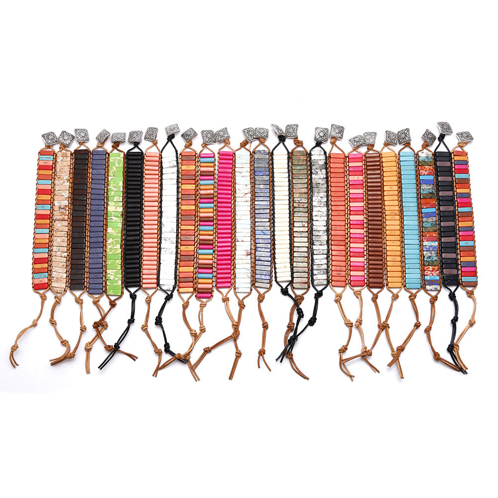 Chakra Bracelet Jewelry Handmade Multi Color Natural Stone Tube Beads Leather Wrap Bracelet Couples Bracelets Creative Gifts