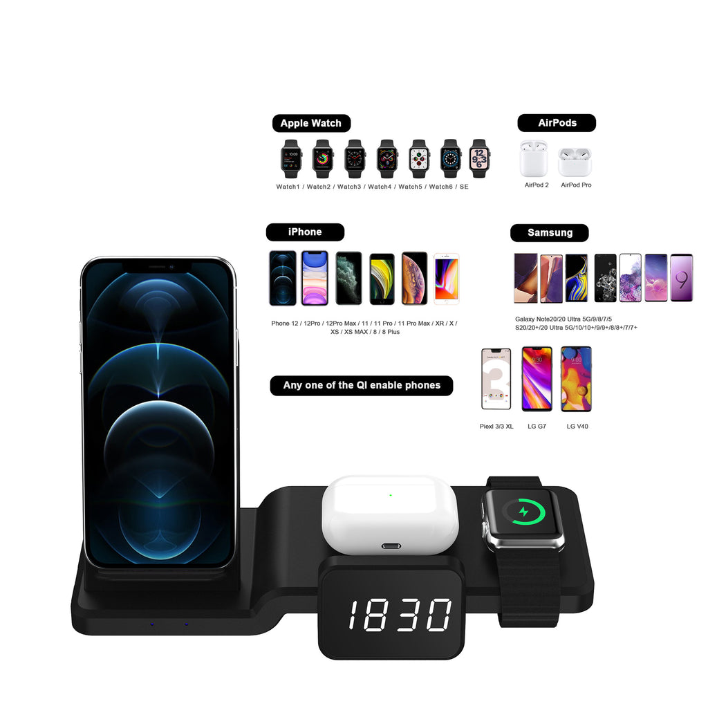 Multifunctional three-in-one wireless charger with clock 15w fast charging stand charging stand desktop vertical wireless charging