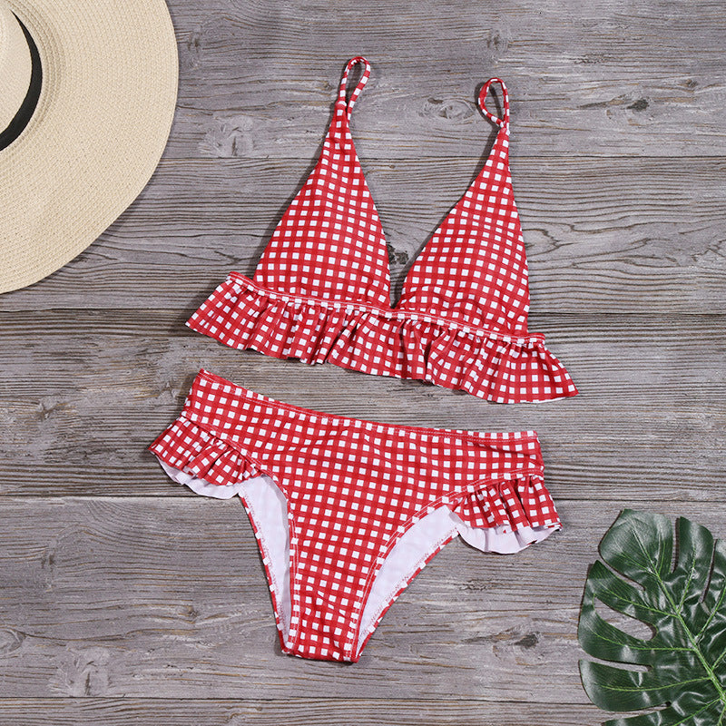 bikini set split shoulders ruffled European and American Bikini swimwear Plaid