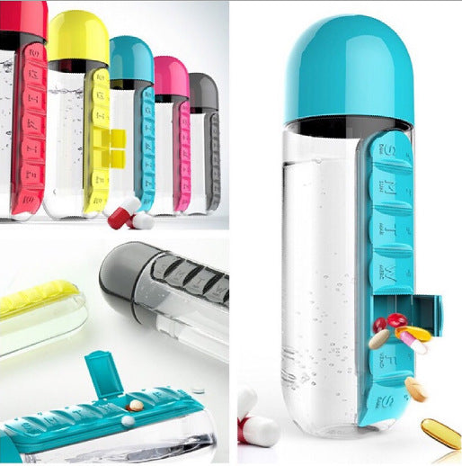 2 in 1 water cup medicine box 7 compartments outdoor portable water bottle one week medicine box water cup large-capacity