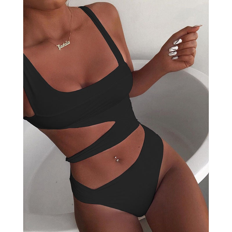 new solid color one-piece swimsuit solid color one-piece bikini female hollow swimsuit European and American bikini