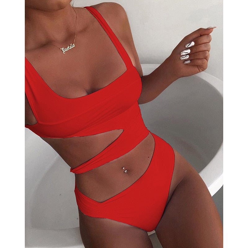 new solid color one-piece swimsuit solid color one-piece bikini female hollow swimsuit European and American bikini