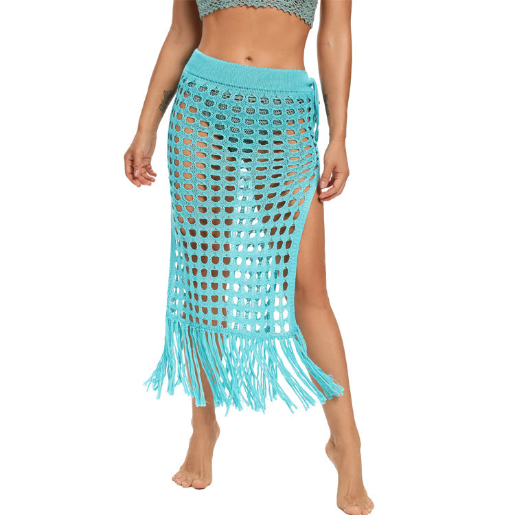 Beach Skirt women's clothing sexy see-through hollow knitted skirt slit fringed on top of Bikini bottom